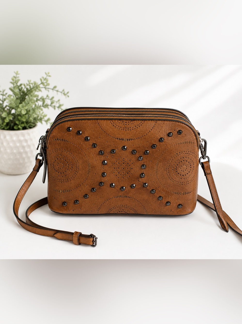 Brown Leather Crossbody Bag with Stud Detail